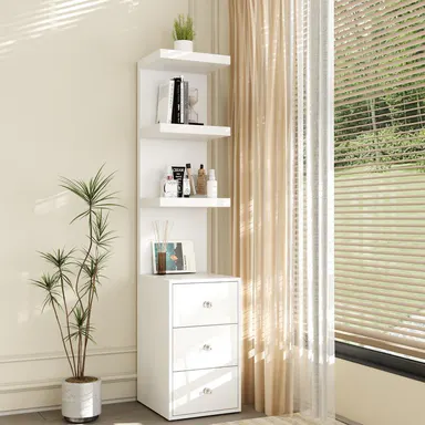 VOWNER 3 Tier Stand Shelf with 3 drawers Modern Decor Beside Table Nightstand with LED Light for Vanity Bedroom