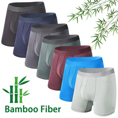{Buy 7 Get 7 Free}Men's Solid Color Bamboo Fiber Boxer Briefs 7-Pack,Open Crotch Mid-Rise Long Leg Underwear, Breathable Comfortable All-Season Daily Wear