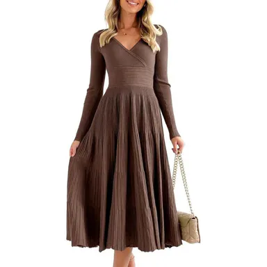 Saodimallsu Women's Soft V-Neck Long-Sleeve Ribbed Polyester A-Type Midi Dress - Fabric-Wrap, Machine-Washable Casual Party Dress