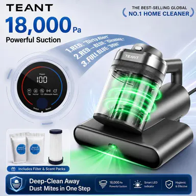 Teant 18kPa UV-C Light Mattress Vacuum Cleaner with 33000 RPM Tapping, 2-Speed Deep Cleaning, Dust Sensor, Green Light Detection, Ultrasonic, Aroma, Negative Ion Tech, Heat Airflow, Dual Dust Cups for Bed Sofa TikTokShopSummerSale, Negative Ion Technology