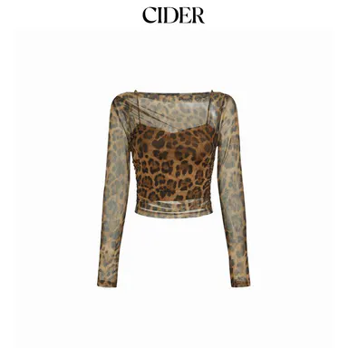 Cider Mesh Leopard Boat Neck Long Sleeve See-through Top With Cami Top