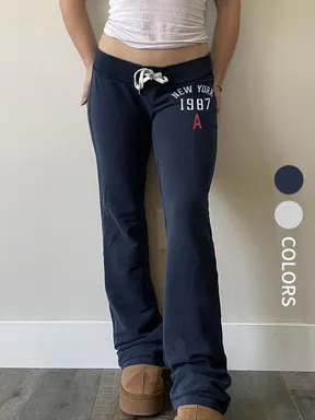 American Vintage Slim-Fit Letter Print Pants, baggy leggings，Trousers for Relaxed,Street Style Drawstring Waist Joggers, Fall & Winter Casual Long Trousers, Bottoms
