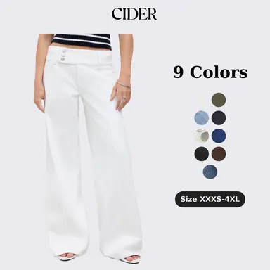 Cider Baggy Wide Leg Jeans Women's Retro Y2K Low Rise Denim Trousers Triple Button Waistband Solid Long Pants for Daily Casual Wear Petite & Plus Size Friendly Minimalist Basic Womenswear Bottom