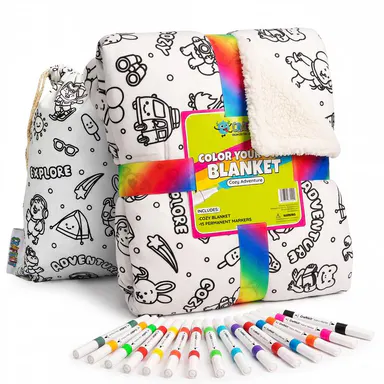 Craftikit Kids Coloring Sherpa Blanket Activity Kit - 60\" by 40\" Comfy and Cozy Fluffy Lightweight Blanket, Travel Animals Animal Fun Design, Fabric Markers, Travel Tote Bag, Custom Option, Kid-Made Sleepover Buddy Birthday Gift