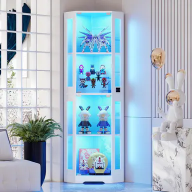 MIIFUNY 65\" Corner Glass Display Cabinet with LED Lights, 4-Tier Showcase Display Case with Glass Doors & Human Body Sensor, Curio Cabinet for Collectibles, Figure, Liquor, White