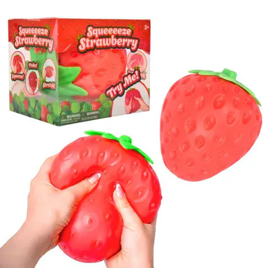 Toymendous Squeeze Strawberry - Extra Large 5\" Squishy Stress Ball for Adults & Kids 3+ - Fruity Fidget Toy for Stress Relief & Sensory Play - Safe & Durable Non-Toxic Material