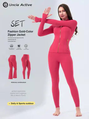 Women's  Soft Brushed Sports Clothing Set Gold Zip Jacket with Pockets, 25in Inseam Leggings, Thumbholes, Gardenia, Pocket Convenience, Zip Up Tracksuit Outfits for Casual Active Travel Camping