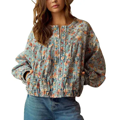 Chouyatou Women's Spring & Autumn Floral Denim Jacket Y2K Casual Loose Short Coat with Pockets,back to school,back to school shopping