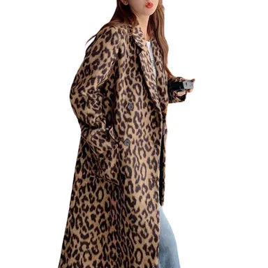 Chouyatou Women's Soft Leopard Print Long Wool Trench Coat - Notched Lapel, Double Breasted, Dressy Winter Warm Overcoat with Premium Fabric Style, Comfortable, Jackets,back to school,back to school shopping, Fashion, Outerwear