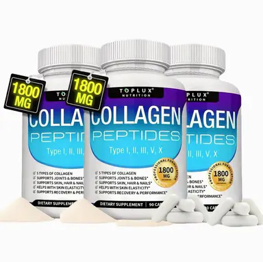 Toplux Multi Collagen Peptides Pills 1800 Mg Complex - Type I, I, Ill,V,X Premium Collagen Complex for Better Skin & HairStrong Joint,Hydrolyzed Protein, for Men Women,90Capsules, Supplement