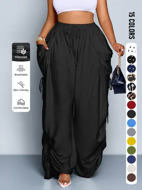 Plus Size Women's Casual Loose-Fit Elastic Wide Leg Pants, All-Season Woven Fabric, Long Plain Design, Daily Commute & Vacation Wear