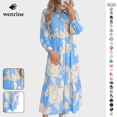 Wenrine Stylish Women's Floral Maxi Flow Shirt Dress for Women - 3/4 Long Sleeves, Collared, Button Down, Drawstring Waist, Soft Light Fabric, Relaxed Fit, Fall Casual Wear Dresses