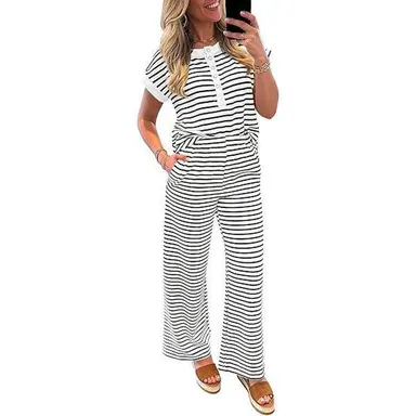 Tankaneo Womens Striped 2 Piece Outfits Short Sleeve Button Up Henley Shirt Wide Leg Pants Pajamas Lounge Set