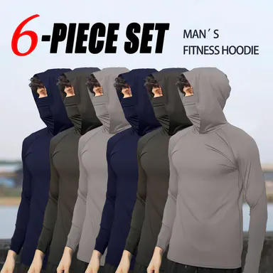 OKP 6-Piece Men's Casual Hoodie Pullovers Blue Black Light Gray Slim Fit Long Sleeve Lightweight UPF Sun Protection Soft Breathable Timeless Classic Versatile Machine Washable Comfort Multi-Occasion Wear Menswear Set  Stylish Tops