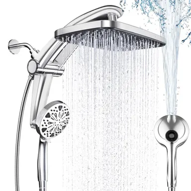 Dock-Free Dual Rain Shower Head Combo, Wall Mount - 3-Step Install, 12 in High-Pressure Rainfall Showerhead, 8 Sprays + 1 Power Jet Detachable Handheld, 59 in Hose, Magnetic Snap Dock, Adjustable Height/Angle, Relaxing Massage, Bathroom Essentials, Shower