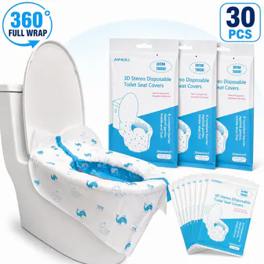 3D Toilet Seat Covers Disposable Sterilized - 360° Full Wraparound | Safe for Adults and Kids Potty Training & Effectively Blocks Germs, Waterproof & Durable & Thick, 28x18\" Extra, Individually Wrapped for Travel, Public Restroom, Camping