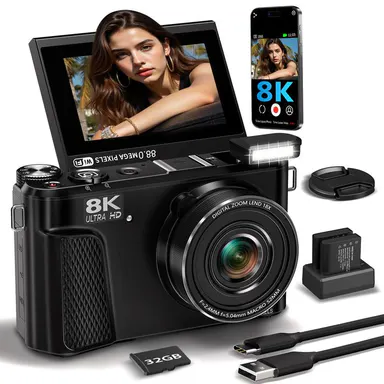 Digital Camera for Photography, 88MP Vlogging Camera for YouTube with 3\" 180° Flip Screen, 18X Digital Zoom Point and Shoot Cam with 32GB Micro SD Card for Beginner, 4K, Lcd,summerwins