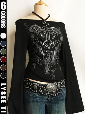 Halloween Fashion Y2K Women's Top, Cross Print One-Shoulder Bell Sleeve, Long Sleeve Fitted Top for Fall & Winter, Casual Wear