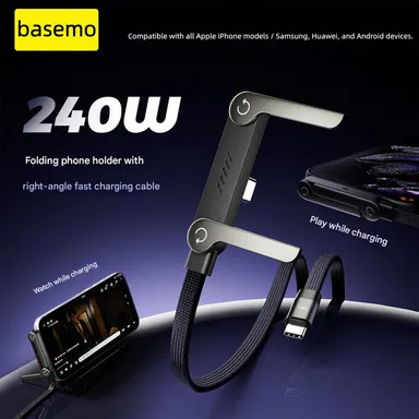 basemo Invisible Holder Charger Cable with Stand, 240w super fast charging 2-in-1 Fast Charging Cord & Phone Stand for Gaming, Office, Car Travel, Compatible with iPhone Samsung Type-C charging cable Black Electronic Smartphone Cellphone