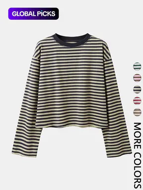 Women's Minimalist Striped Casual Long Sleeve Sweatshirt Top, Loose-Fit Kint Fabric, All Seasons Wear, Moderate Thickness