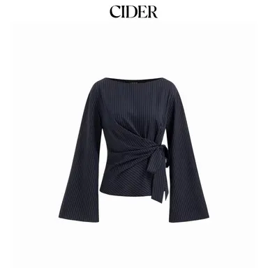 Cider Boat Neck Stripe Knotted Bell Sleeve Blouse