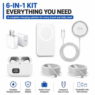 6-in-1 Tech Gift Charging Kit, 5000mAh Magnetic Wireless Power Bank with Wireless Earbuds, Wireless Charging Pad, USB-C & 8-Pin Cables, Wall Adapter and Magnetic Ring, Portable Travel Accessories Set for Compatible Mobile Devices