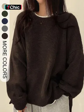 Women's Drop Shoulder Split Hem Oversized Loose Fit Baggy Sweater, Casual Basic Minimalist Long Sleeve Round Neck Jumper, Women's Knitwear Top for Fall & Winter, Sweaters for Women Womenswear