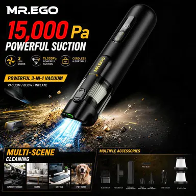 MR.EGO Cordless Portable Car Vacuum Cleaner - 15000Pa Powerful Suction, 4-in-1 Mini Vac, Green LED Light, Type-C Charging, 2 Suction Modes, Ultra-Light for Home, Auto Accessories, Car Detailing, Tools and Gadgets (Black)