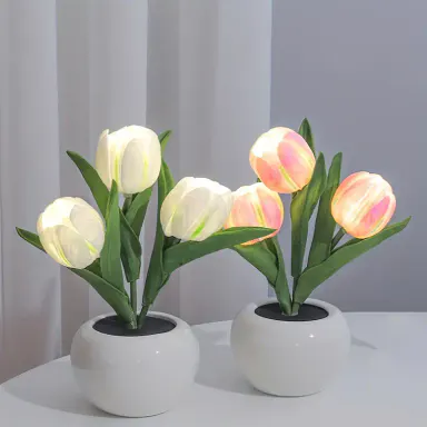 Dimmable LED Plastic Tulip Artificial Flower Desk Lamp with Vase - Unisex Indoor Mood Lighting, Home Room Decor, Gifts for Girlfriend, Whimsical Aesthetic Girl Room Decor, Cool Light Centerpiece