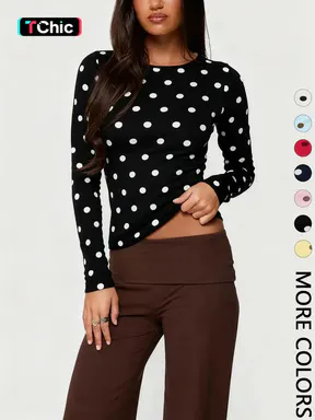Women's Polka Dot Print Long Sleeve Slim Fit Short Top, Vintage Bodycon, Perfect for Dates and Shopping, Stylish Chic Casual Wear, Bodycon Fitted Top