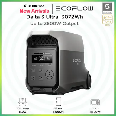 EcoFlow DELTA 3 Ultra Portable Power Station, 3072Wh LiFePO4 Battery, 3600W (Surge 7200W) Output Home Power, Solar Generator for Home Use, Camping Accessories, Emergencies & RV Backup