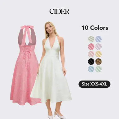Cider Elegant Vacation Halter Neckline Dress for Wedding Guest, Sexy Floral Maxi Dresses, Ladies Jacquard Sundress, Party Gowns, Lady Sun Dress
