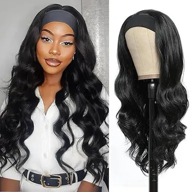 Glueless Headband Wig 26 Inch Long Black Body Wave Headband Wigs for Black Women Synthetic Natural Looking Wavy Wig Heat Resistant 180% Density