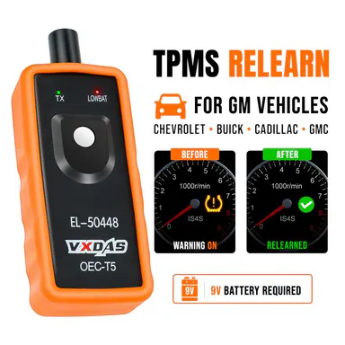 VXDAS EL-50448 OEC-T5 TPMS Relearn Tool for GM Series Vehicles, 2023 Edition 9V Battery Power Tire Pressure Monitor Activation Tool with LF-RF-RR-LR Relearn Mode (GM, Buick, Chevy, Cadillac), Tire Pressure Monitoring Car Accessory