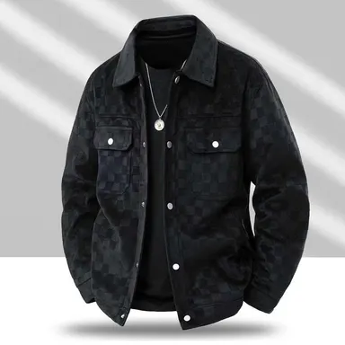 Men’s black patterned long-sleeve jacket — menswear, men’s clothing, featuring a front flap pocket and button closure, a stylish and practical top suitable for autumn.