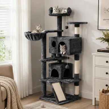 Costoffs 57in Plush Small Modern Cat Tree - Kitten Tower for Indoor Cats, Cozy Kitten Condo with Platform, Scratching Posts, Double Condos, Climbing Frame Bed Furniture