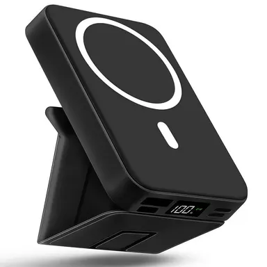 Magnetic Portable Charger 10000mAh High Capacity Battery Power Bank, Foldable Compact Silicone Black Fast Charger with USB-C Cable, LED Display for iPhone17/16/15/14/13/12/Pro/Pro Max Series