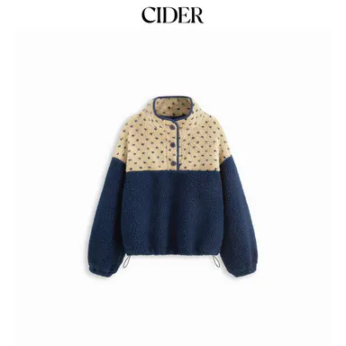 Cider Fleece Stand Collar Two Tone Patchy Drawstring Oversized Sweatshirt SohoChic