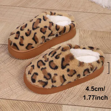 Women's Leopard Print Slip On Slippers - Stylish 1.77in Platform Slides, Synthetic Plush Fuzzy Lining, Antislip Grip, Polyester Round Toe, Indoor/Outdoor Footwear