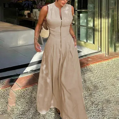 UOOZEE Women's Casual A-Line Flowy Maxi Dress - Sleeveless Crew Neck, 95% Polyester 5% Spandex, Pockets, Casual Elegance Chic, Soft Comfortable, for 2026 Beach Holiday Wedding Party, Maxi Dresses, Wrap Dress