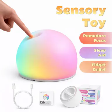 WattBubble Sensory Squishy LED Tap Light - Rechargeable BPA-Free Silicone Stress Relief Fidget Toy with Anti-Blue LED Protects Eyes, 29 Color Reactions, 8H Sleep Dimming, Lights for Bedroom, Quirky Gifts