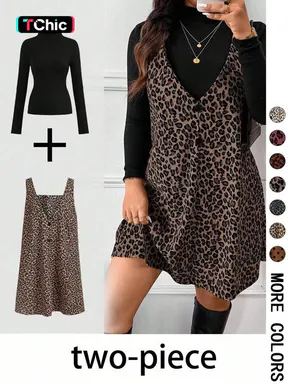 Women's High Neck Long Sleeve Inner Layer + Leopard Print Strap Skirt Matching Set, Casual Daily Day Spring Autumn Commuter, Two-Piece Ensemble Outfit Clothes, Animal Print Set