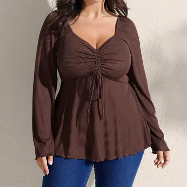 BLOOMCHIC Babydoll Women's Plus Size Ribbed Spandex Fabric Blouse - Adjustable Drawstring Bodice, Flared Long Sleeves, T-Shirt Fit Garment [M-6X] 2026 Summerfinds Fit Top,back to school,back to school shopping