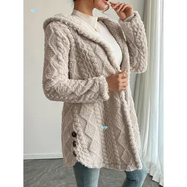 VVZ 2026 Women's Spring Fashion Jacquard Hooded Cardigan Long Sleeve Coat Womenswear Stylish Outerwear for Casual Daily Wear \& School Activities Fit Knitwear