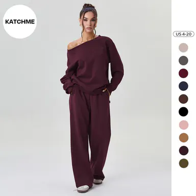 Katch Me Chic(US)Women's Leisure Solid Color Sloping Shoulder Long Sleeve Top & Wide Leg Trousers Co-ord, Cozy Scoop Neck Loose Two Piece Outfits, Basic Womenswear