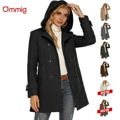 Ommig Women's Elegant Solid Long Sleeve Double-Breasted Wool Pea Coat with Hood Casual Outerwear with Polyester Blend for Autumn, Winter,summerwins,back to school,back to school shopping