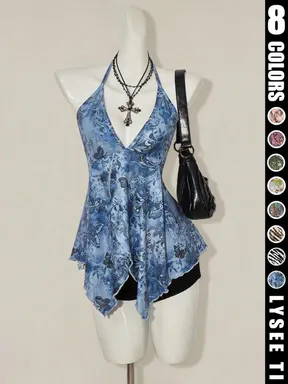 Y2K Women's Summer Butterfly Printed Sexy Hanging Neck Strap Top