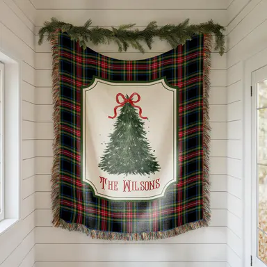 Personalized Plaid Christmas Tree Woven Blanket 100% Cotton
