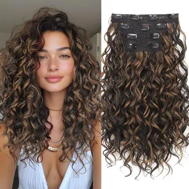 AISI HAIR 4PCS 16 inch Clip-in Curly Hair Extensions Natural Lace Weft Tangle-Free Fiber Secure Fit for Women's Everyday & Special Occasion Use Wavy Synthetic Hair Soft Synthetic Hair