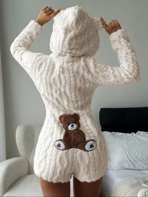Women's Cute Teddy Bear Embroidered Hooded Fleece Sweatshirt, Casual Comfortable Fashion Design, Perfect Gift for Her, Daily Wear